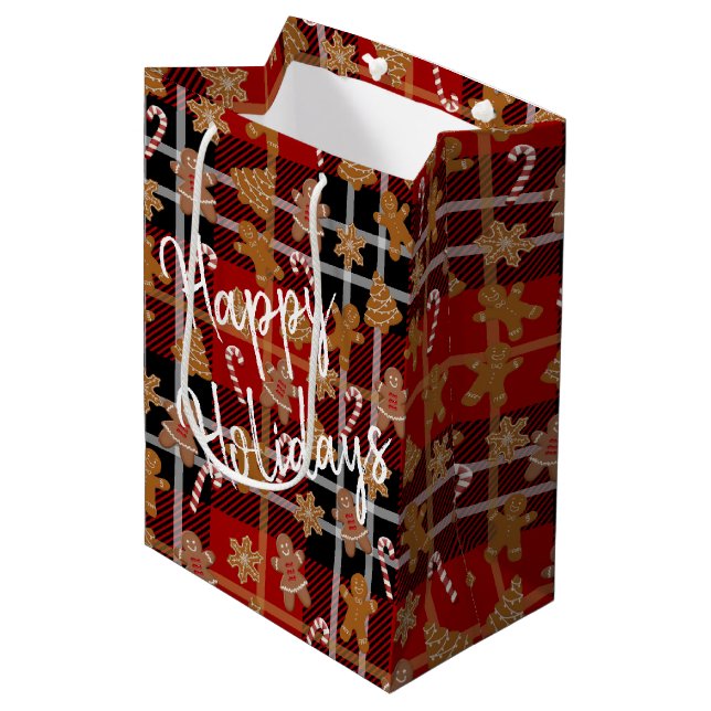 Gingerbread Cookies and Candy Canes on Plaid Mediu Medium Gift Bag (Front Angled)