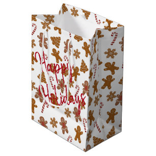 Gingerbread Cookies and Candy Canes on White Medium Gift Bag