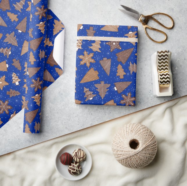 Gingerbread Cookies Blue Retro Christmas Wrapping Paper (Crafts)