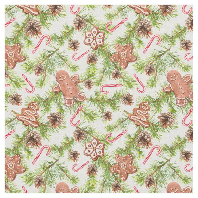 Gingerbread Cookies Candy Canes Christmas Fabric (Close Up)
