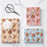 Gingerbread Cookies Christmas Wrapping Paper Sheet<br><div class="desc">Celebrate in style with this cute gingerbread cookies wrapping paper. Perfect for decorating your Christmas or holiday party. Cheerful watercolor illustrations featuring gingerbread cookie figures (a Christmas tree, man with hat, snowman, star, heart, reindeer, house, and Christmas ball) on a brown, blue and red background with snowflakes. Playful and charming,...</div>
