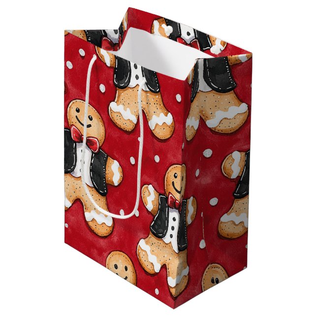 Gingerbread Cookies in Tuxedos Christmas Medium Gift Bag (Front Angled)