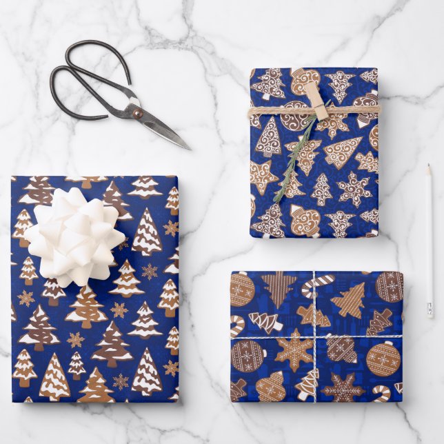 Gingerbread Cookies Set Blue Christmas Wrapping Paper Sheet (Front)