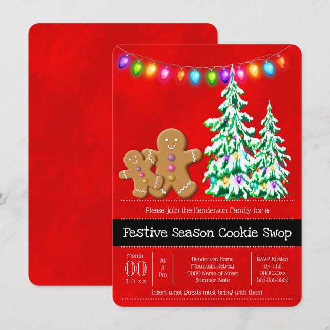 Gingerbread cookies Xmas tree lights festive red Invitation (Front/Back)