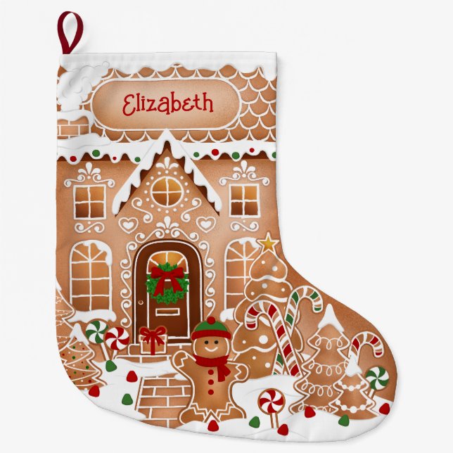 Gingerbread Cottage House Large Christmas Stocking (Front)