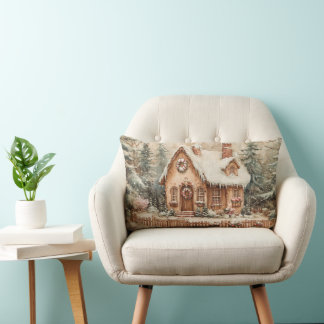 Gingerbread Cottage Winter Forest House Lumbar Pillow