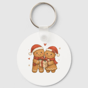 Gingerbread Couple with Gift and Santa Hats Keychain