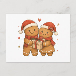 Gingerbread Couple with Gift and Santa Hats  Postcard