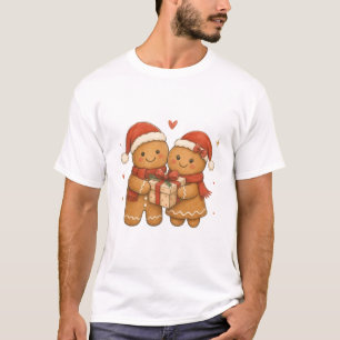 Gingerbread Couple with Gift and Santa Hats  T-Shirt