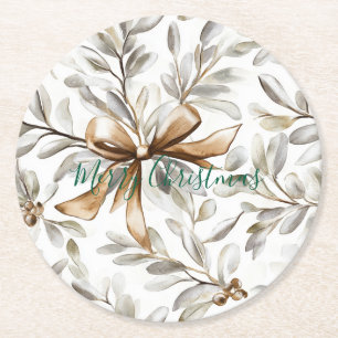Gingerbread Cream Bow Christmas Round Paper Coaster