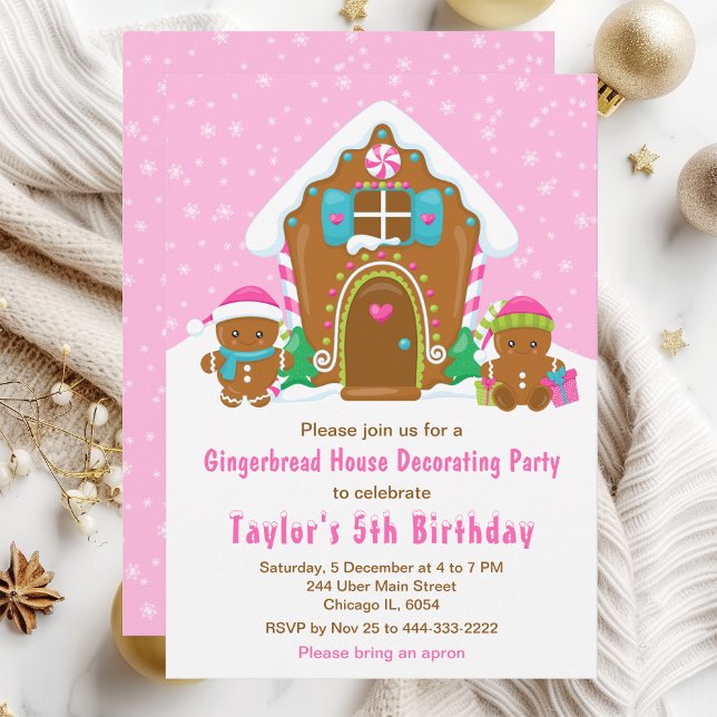 Gingerbread Decorating Birthday Party Bright Pink Invitation (Creator Uploaded)