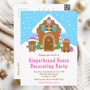 Gingerbread Decorating Party Bright Blue and Pink Postcard