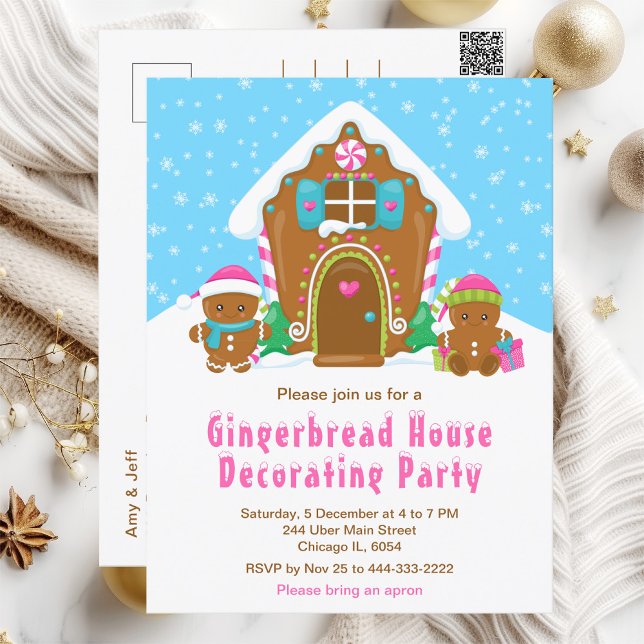 Gingerbread Decorating Party Bright Blue and Pink Postcard (Creator Uploaded)