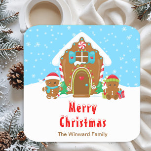 Gingerbread Decorating Party Bright Blue and Red Square Paper Coaster