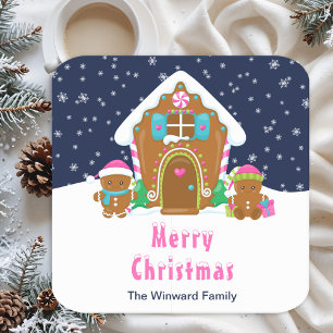 Gingerbread Decorating Party Navy Blue and Pink Square Paper Coaster
