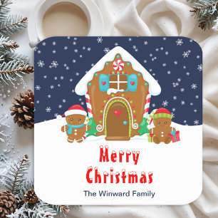 Gingerbread Decorating Party Navy Blue and Red Square Paper Coaster