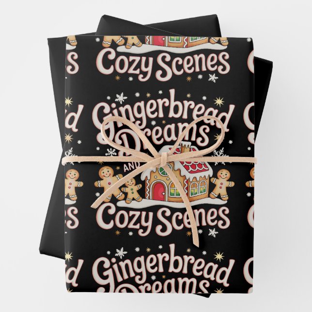 Gingerbread Dreams And Cozy Scenes Christmas Xmas Wrapping Paper Sheet (In situ)