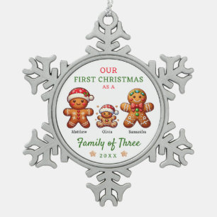 Gingerbread Family of Three First Christmas Snowflake Pewter Christmas Ornament