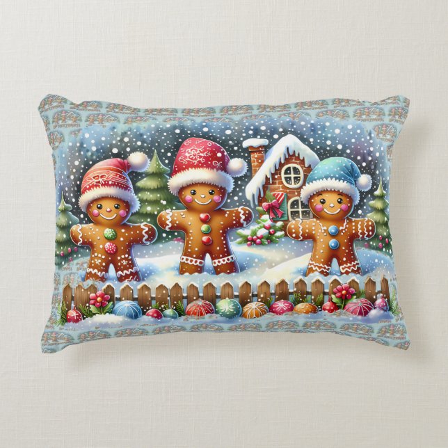 Gingerbread Family Snowy Christmas Scene Accent Pillow (Front)