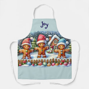 Gingerbread Family Snowy Christmas Scene Blue Apron