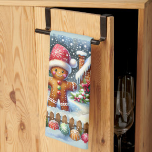 Gingerbread Family Snowy Christmas Scene Blue Kitchen Towel