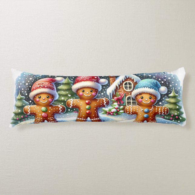 Gingerbread Family Snowy Christmas Scene Body Pillow (Front)
