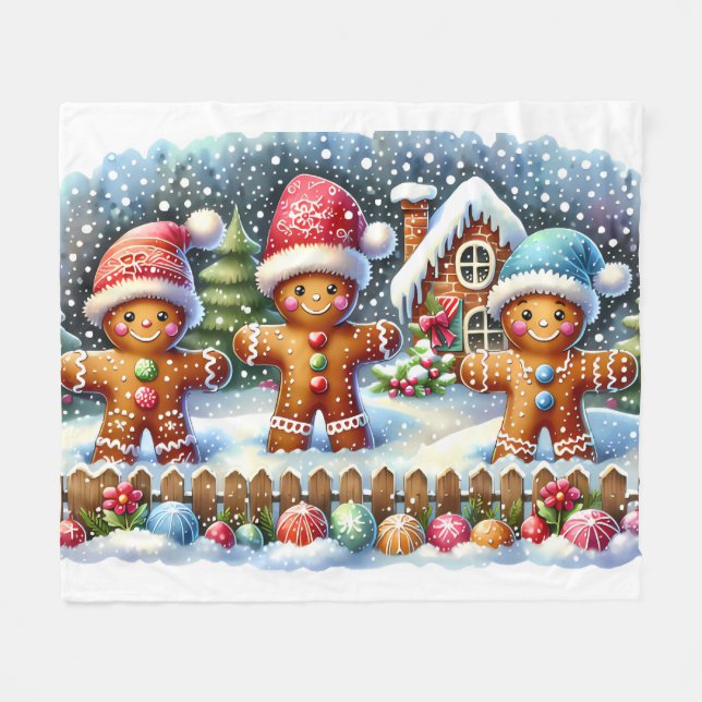 Gingerbread Family Snowy Christmas Scene Fleece Blanket (Front (Horizontal))