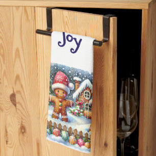 Gingerbread Family Snowy Christmas Scene Kitchen Towel