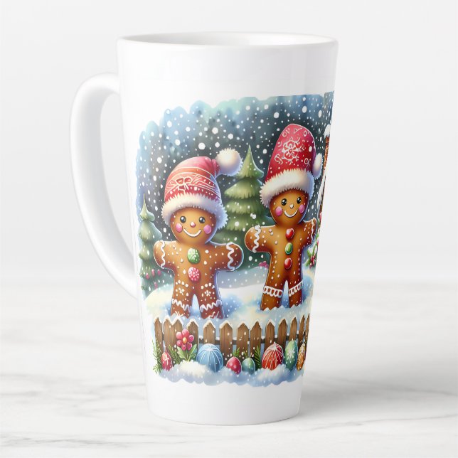 Gingerbread Family Snowy Christmas Scene Latte Mug (Left Angle)