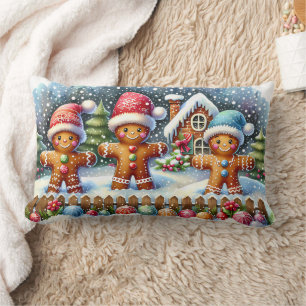 Gingerbread Family Snowy Christmas Scene Lumbar Pillow