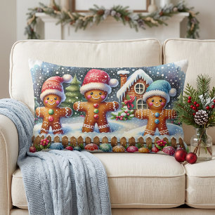 Gingerbread Family Snowy Christmas Scene Lumbar Pillow