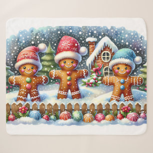Gingerbread Family Snowy Christmas Scene Sherpa Blanket