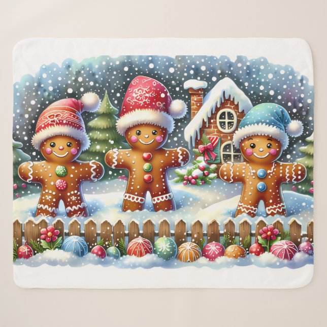 Gingerbread Family Snowy Christmas Scene Sherpa Blanket (Front (Horizontal))