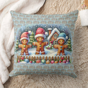Gingerbread Family Snowy Christmas Scene Throw Pillow