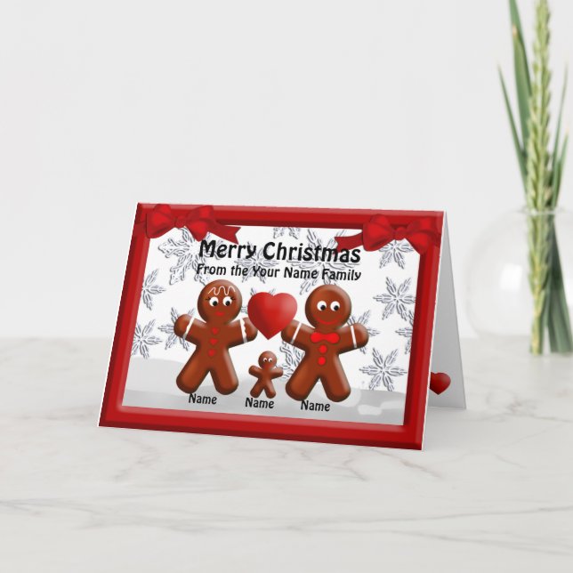 Gingerbread Family Three Christmas Heart Greeting Holiday Card (Front)