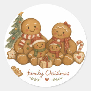 Gingerbread Family with Christmas Tree Watercolor Classic Round Sticker