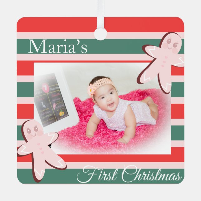Gingerbread First Photo Merry Christmas Metal Ornament (Front)