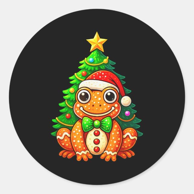Gingerbread Frog Wearing Santa Hat Christmas Tree  Classic Round Sticker (Front)