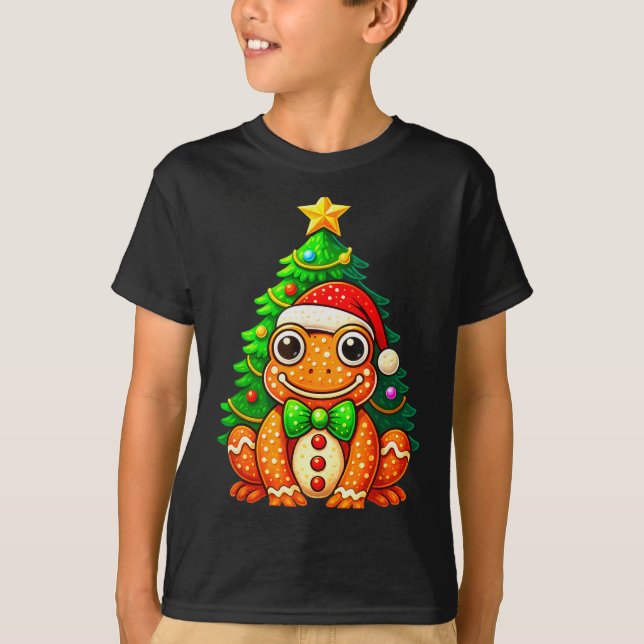 Gingerbread Frog Wearing Santa Hat Christmas Tree  T-Shirt (Front)
