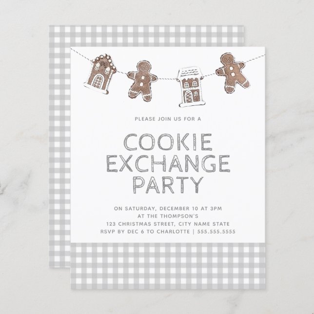 Gingerbread Gingham Cookie Exchange Budget Invite (Front/Back)