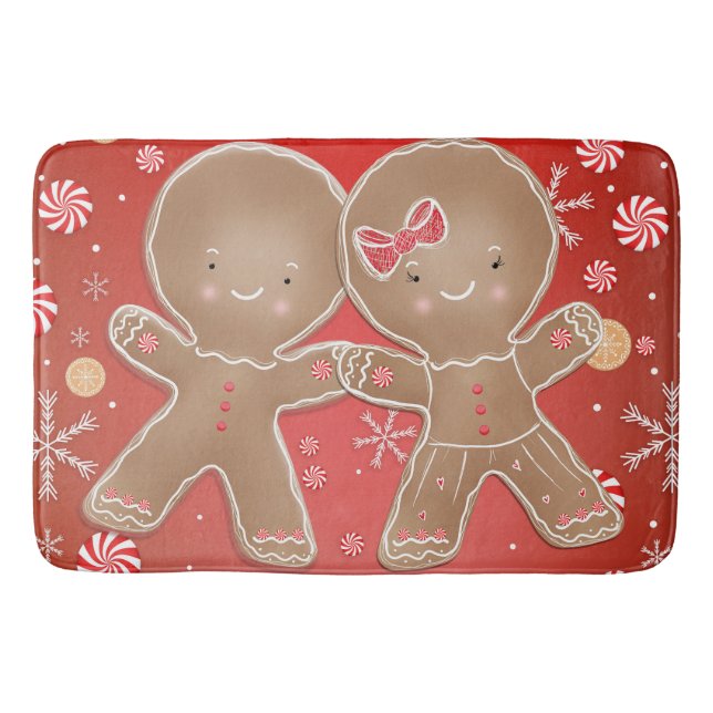Gingerbread Girl Boy Peppermint Holiday Christmas Bath Mat (Front)