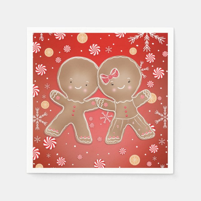 Gingerbread Girl Boy Peppermint Holiday Christmas Napkin (Front)