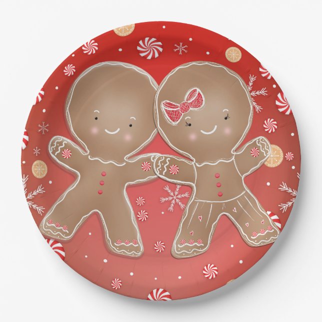 Gingerbread Girl Boy Peppermint Holiday Christmas Paper Plate (Front)