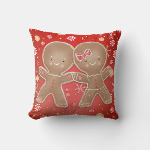 Gingerbread Girl Boy Peppermint Holiday Christmas Throw Pillow