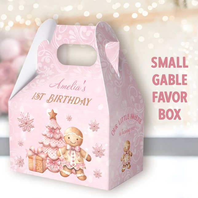 Gingerbread Girl Pink Christmas 1st Birthday Gable Favor Box (Gingerbread Birthday Small Gable Favor Boxes -You can choose from 3 sizes of these gable favor boxes)