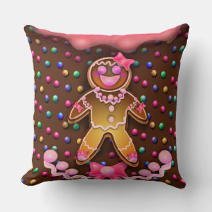 Gingerbread Girl Pink Sugar Icing Candy Dots Print Throw Pillow