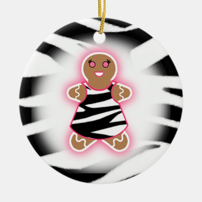 Gingerbread Girl - Zebra Print and Pink Ceramic Ornament (Front)
