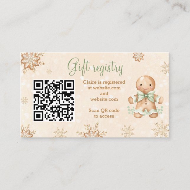 Gingerbread Green Baby Shower Gift Registry QR Enclosure Card (Front)