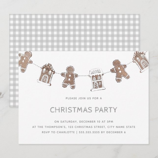 Gingerbread Grey Gingham Christmas Party Holiday Invitation (Front/Back)