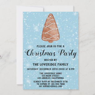 Gingerbread Holiday Christmas Party Tree Blue Snow Invitation
